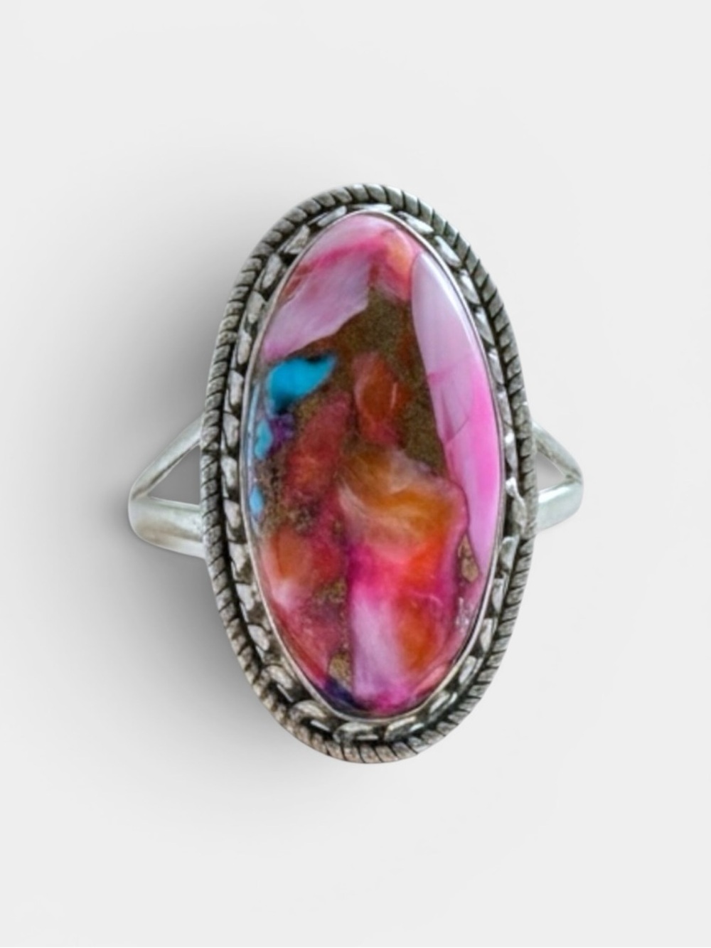 Spiny Oyster Turquoise and 925 Sterling Silver Ring - Size 7.5 (NEW)